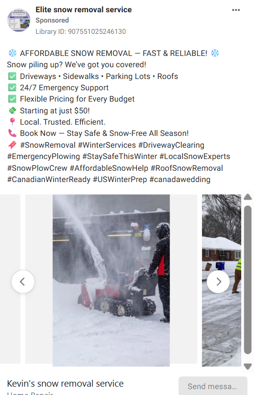 Elite snow removal Facebook ad example