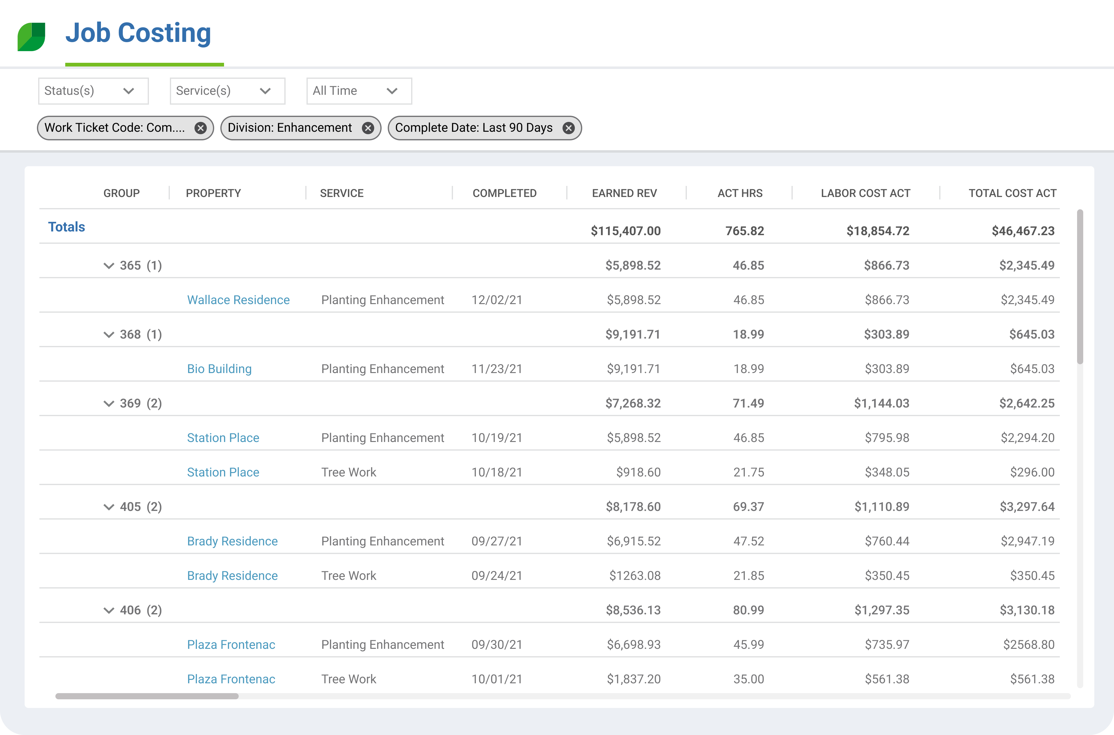Aspire landscape job costing
