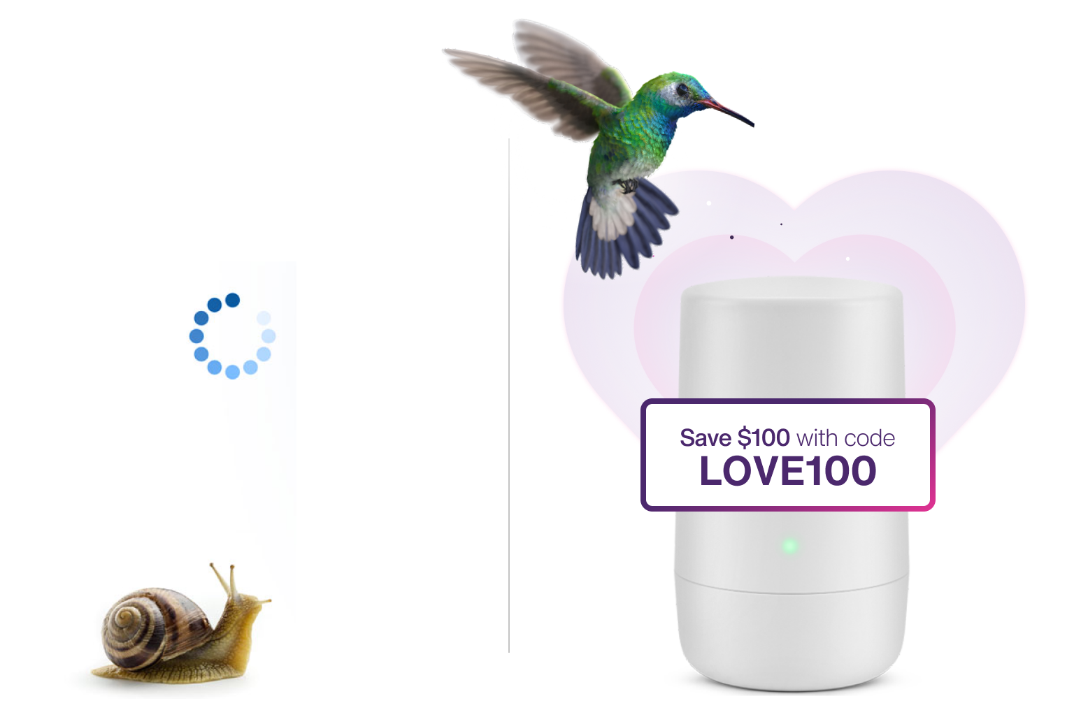 A slug with internet buffering compared to a Hummingbird flying over a WI-FI 6 device with heart shaped Wi-Fi waves behind and the words Save $150 with code LOVE100. 