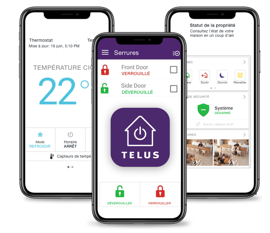 TELUS smart home security app features: appliance control, smart lock alerts, security status.