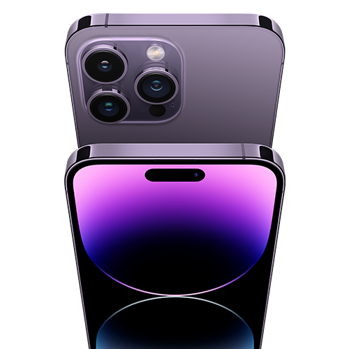 Close up view of a Deep Purple iPhone 14 Pro smartphone.
