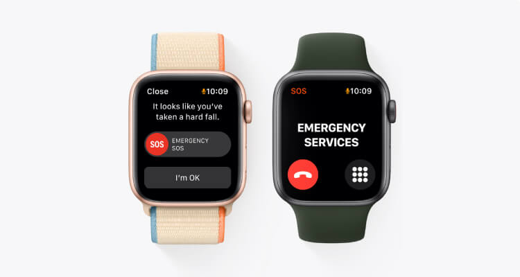 Two Apple Watch: the first screen is prompting the user to press an SOS button after a hard fall and the second screen dialing emergency services.