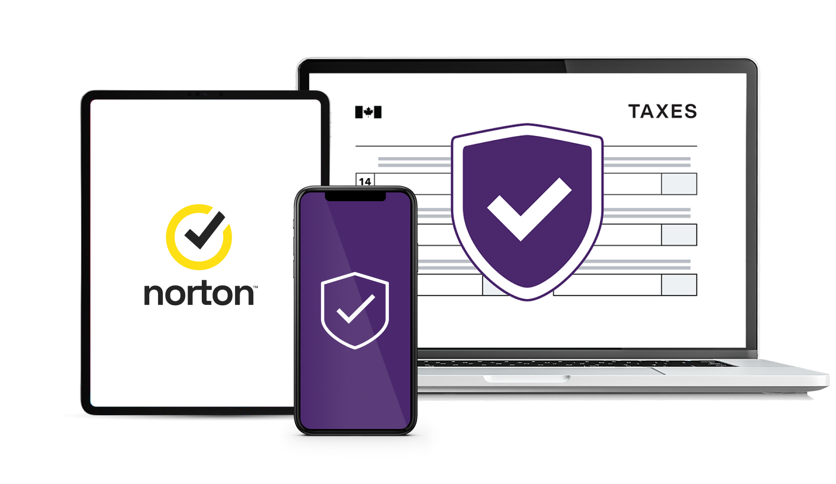 Une tablette, un portable et un téléphone intelligent avec le logo de Norton et un formulaire de déclaration des revenus. Ceci représente la protection que vous procure Protection numérique de TELUS pour vos renseignements pendant la période des impôts.