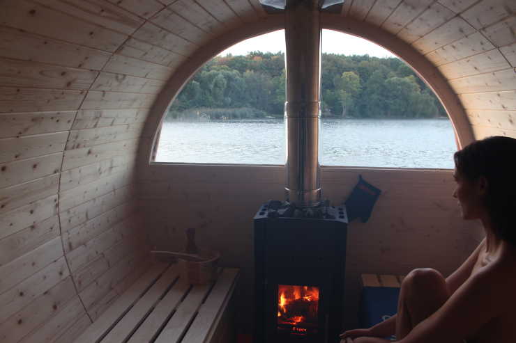 Cozy sauna on a party raft from Berlin boat rental