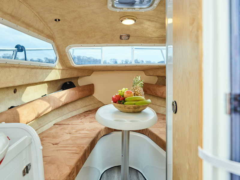 Bright cabin on the Deria motorboat