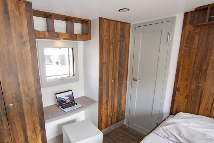 The spacious bedroom of the houseboat in Berlin.