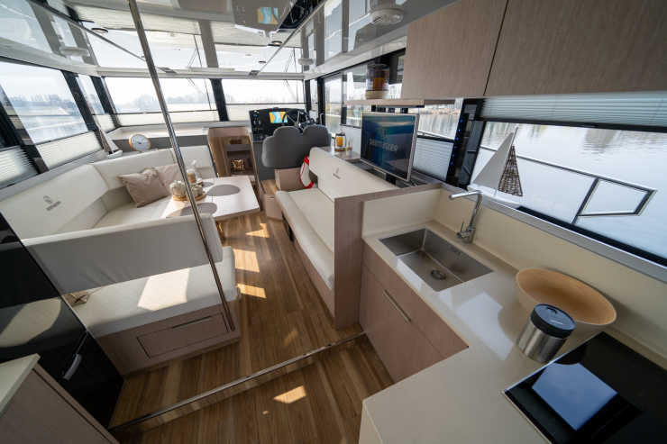 Houseboat with kitchen and living area