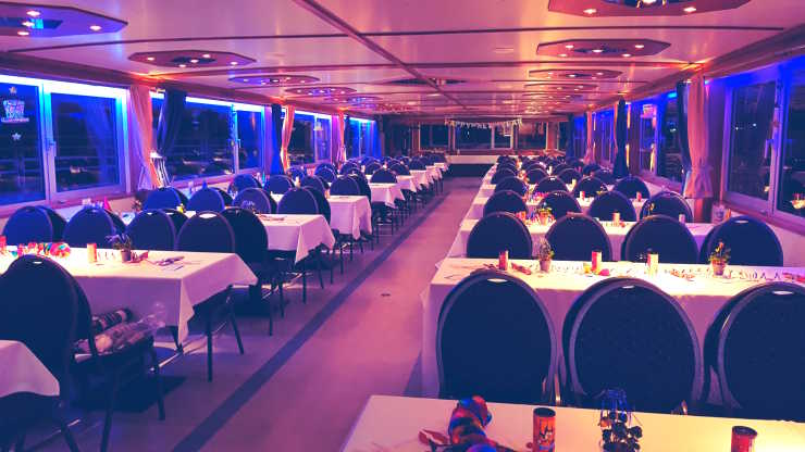 Salon with tables and chairs on the ship Wappen von Spandau