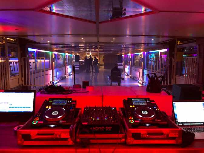 Dance floor and DJ set on the party ship Wappen von Spandau in Berlin