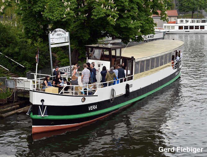 Event ship Vera at the pier of the historic harbor in Berlin Mitte