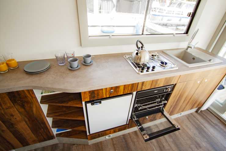 The spacious cooking area of the houseboat in Berlin.