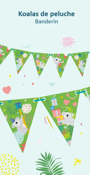 Nuestros estandartes están decorados con ilustraciones y motivos divertidos, con un fondo verde brillante, plantas coloridas, regalos y globos, ¡y el tierno koala!