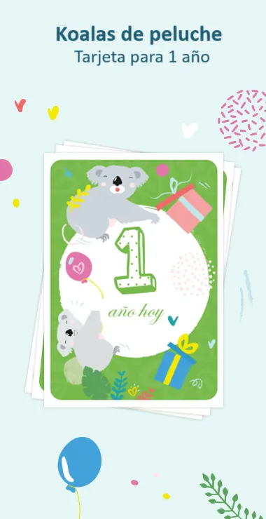 Tarjetas impresas para celebrar el primer cumpleaños de tu bebé. Decoradas con motivos alegres, incluyendo el tierno koala y una nota de celebración: ¡Hoy cumple 1 año!