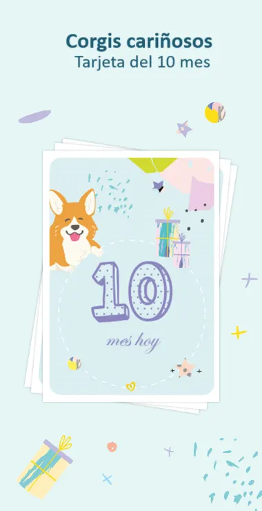 Tarjetas impresas para celebrar el décimo mes de vida de tu bebé. Decoradas con motivos alegres, incluyendo el encantador corgi y una nota de celebración: ¡10 meses hoy!