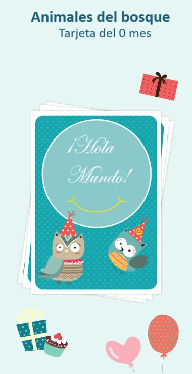 Cartas impresas para celebrar el nacimiento de tu bebé. Decoradas con motivos alegres, incluyendo dos búhos del bosque y una nota de celebración: ¡Hola Mundo!