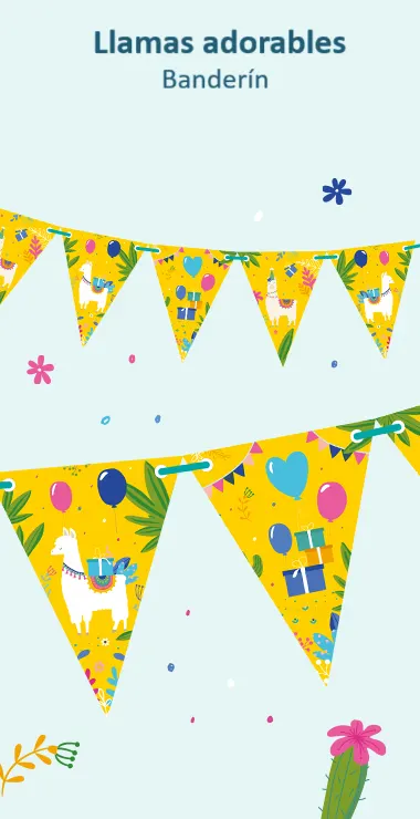 Nuestros banderines están decorados con divertidas ilustraciones y motivos, con un alegre fondo amarillo, plantas verdes, regalos y globos ¡y la adorable llama