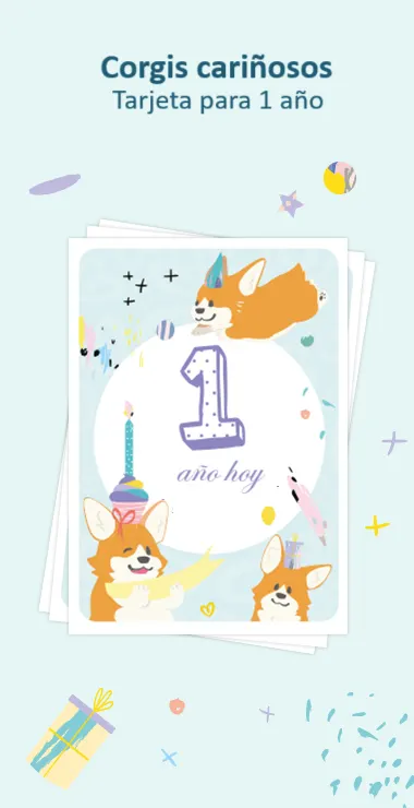 Cartas impresas para celebrar el primer cumpleaños de tu bebé. Decoradas con motivos alegres, incluyendo el encantador corgi y una nota de celebración: ¡Hoy cumple 1 año!