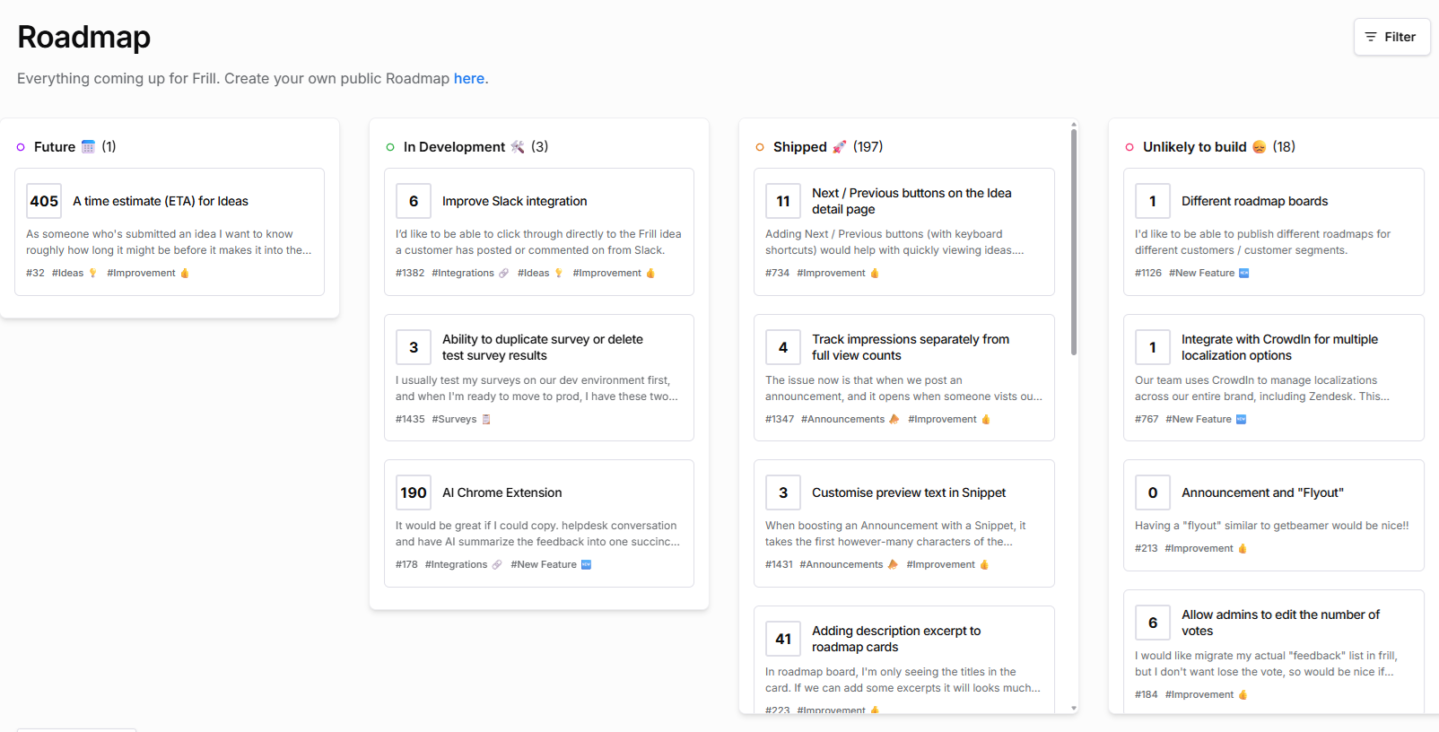 frill roadmap may 2026 with upvoting examples