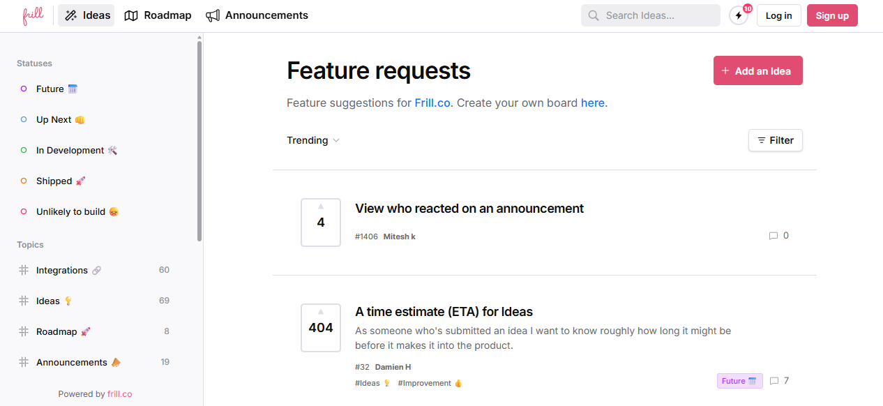 feature requests board with upvoting
