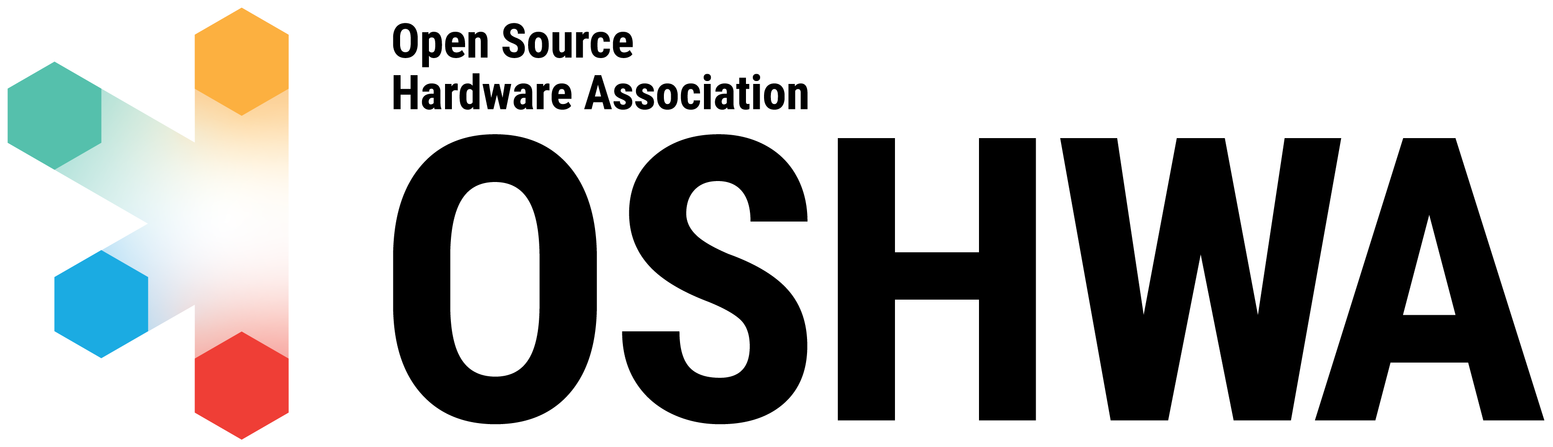 logo. on the right is a colurful half explosion with four hexagons flying out from a soft center, the hexagons are orange, green, blue and red. the centre is the acronym OSHWA in large letters and overtop in a smaller font is Open Source Hardware Association.
