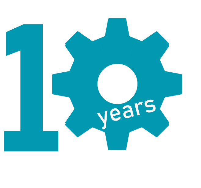 an image of the open source hardware gear with a '1' beside it and years on top of it to show 10 years