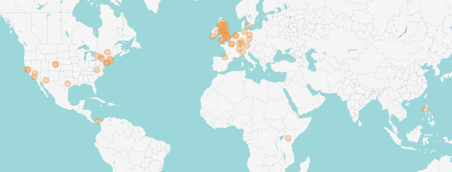 map of the world with orange dots showing where attendees joined us from at OHS2025
