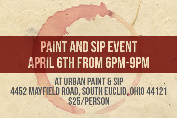 Banner for the Office of Advancement's Paint and Sip Event. Features information about the event found in the event listing. 