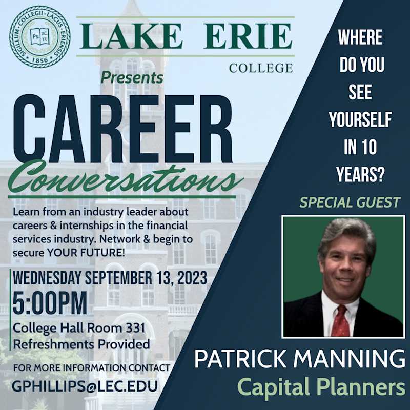 Informational graphic for Career Conversations event with Patrick Manning