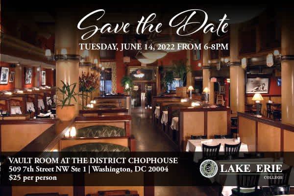Graphic to promote Alumni Happy Hour in DC. Photograph of the District Chophouse that is hosting the event. Text reads: Save the Date, Tuesday June 14 2022 from 6-8pm. Vault room at the District Chophouse, 509 7th Street NW Ste 1 | Washington, DC. 20004 $25 per person. 