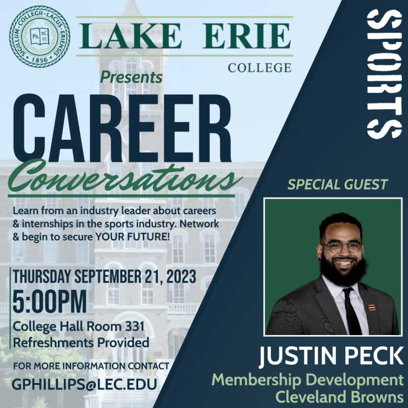 Informational graphic for Career Conversations Event with Justin Peck