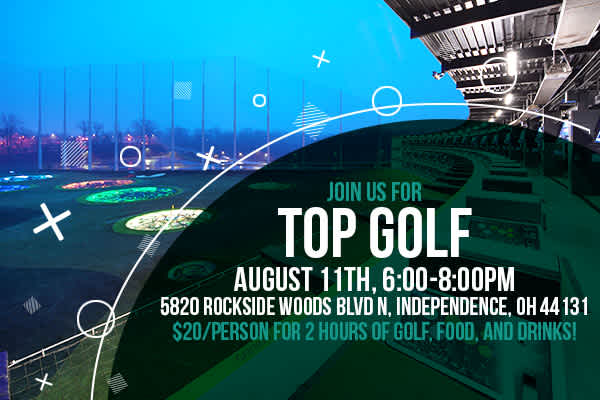 Promotional Image for Top Golf with Alumni, detailing the time and price. 