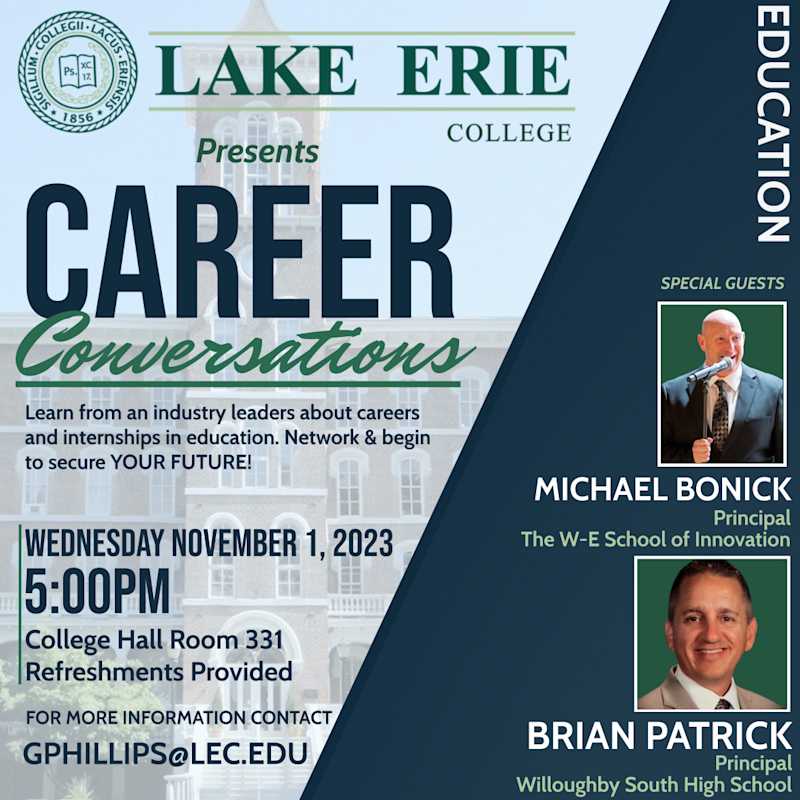 Informational graphic for Career Conversations Event with Brian Patrick and Michael Bonick