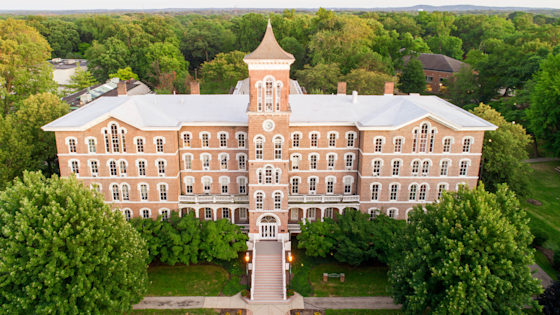 aerial shot of college hall at lake erie college in the spring