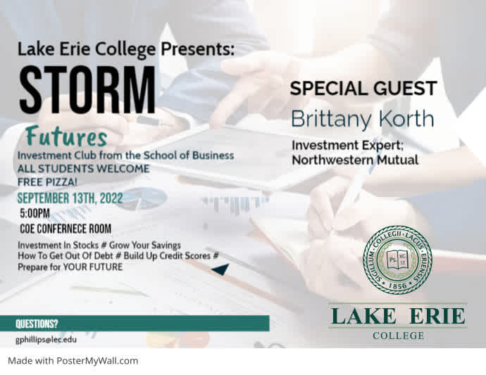 Promotional banner for LEC Storm Futures Investment Club meeting featuring special guest Brittany Korth  