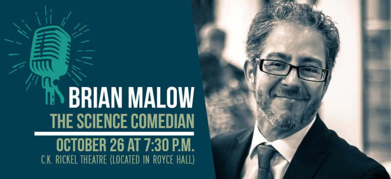 Brian Malow The Science Comedian at LEC -- Promotional Banner, advertising the event on October 26 2021 at 7:30pm on LEC's campus.