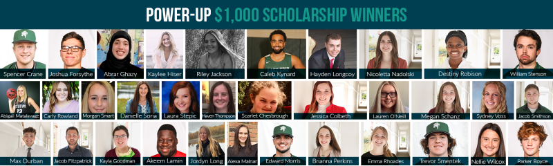 Photo grid of Power-Up 34 $1,000 scholarship winners/student headshots