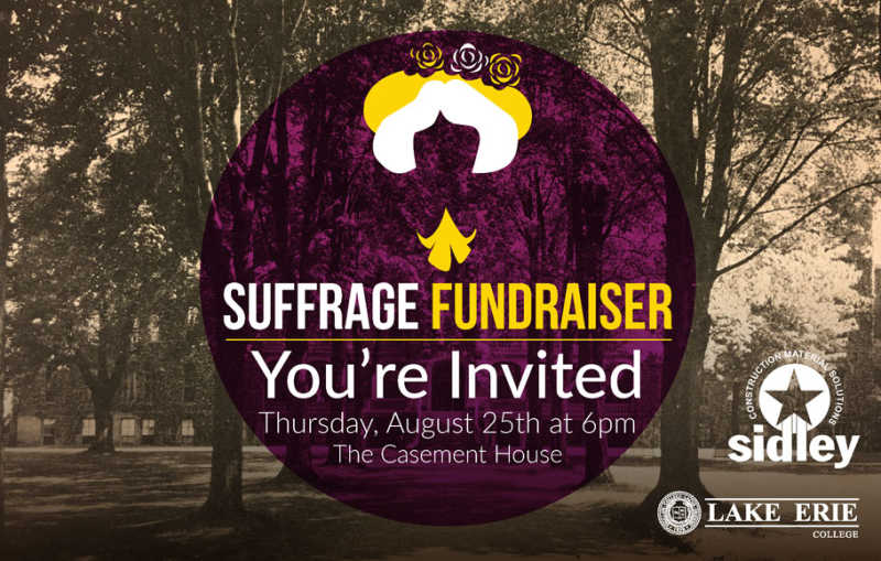 Promotional postcard for Suffrage Fundraiser event at Lake Erie College. Includes name, date, time.