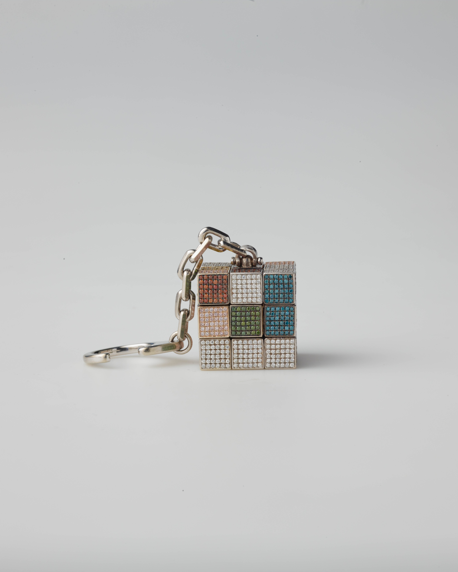 Custom Rubiks Cube Key Chain-18-Karat White Gold Multicolored Diamond-Jacob and Co-Jewelry-B 02-Front-1176