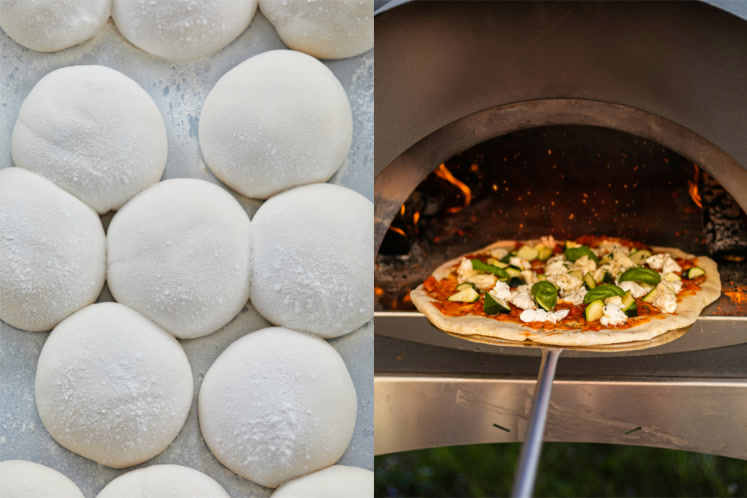 Gespot in de shop pizza deegbollen beeld