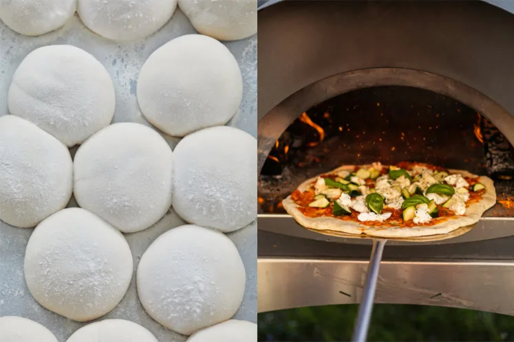 Gespot in de shop pizza deegbollen beeld