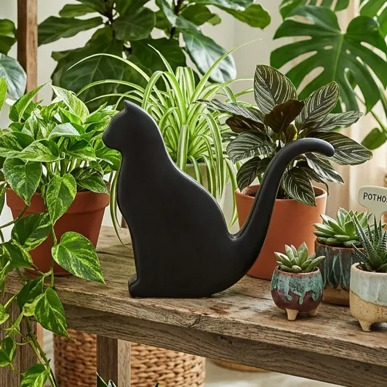 Black Cat Porcelain Watering Can | Decorative Ceramic Planter Tool