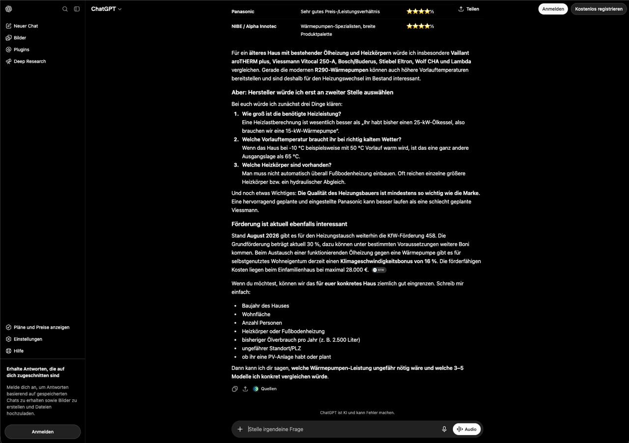 Abbildung 3: Fortsetzung derselben Antwort. Der Assistent stellt die Qualität des Heizungsbauers über die Marke und fragt sieben Angaben zum Haus ab, bevor er konkreter wird.