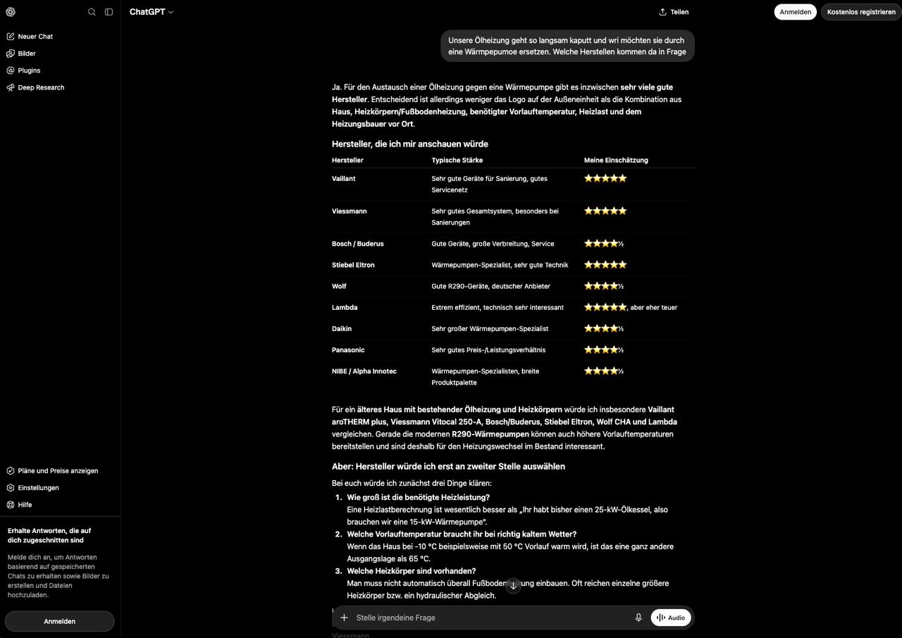 Abbildung 2: Antwort von ChatGPT auf dieselbe Kaufabsicht, ausformuliert statt als Suchbegriff. Aufgenommen am 08.08.2026 ohne Anmeldung; jede Antwort ist ein Einzelfall und wiederholt sich nicht identisch.