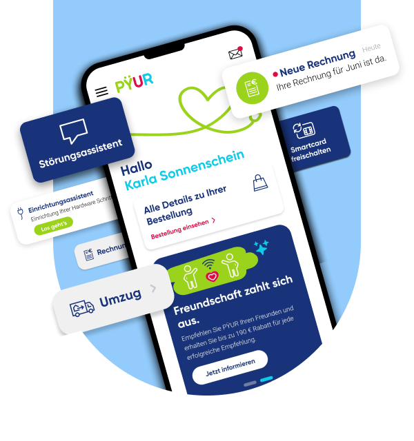 Darstellung der Mein PŸUR App auf einem Smartphone.
Eine Auswahl nützlicher Funktionen sind grafisch hervorgehoben: Einrichtungs- und Störungsassistent, Rechnungen und Dokumente, Smart-Card freischalten und Umzug melden.
