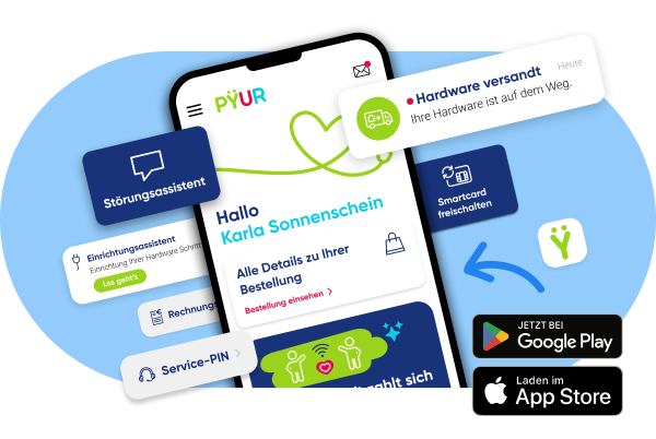 Darstellung der Mein PŸUR App auf einem Smartphone.
Eine Auswahl nützlicher Funktionen sind grafisch hervorgehoben: Einrichtungs- und Störungsassistent, Rechnungen und Dokumente, Smart-Card freischalten und Service PIN.