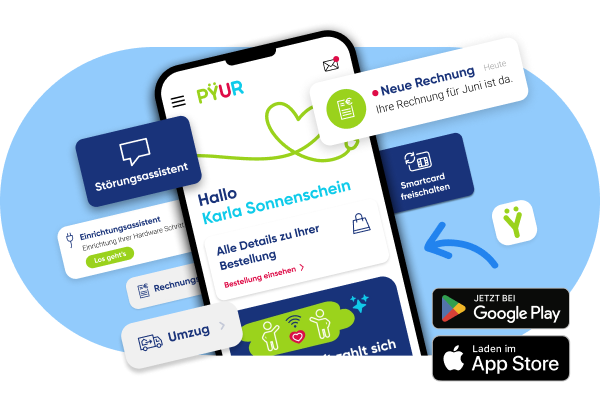 Darstellung der Mein PŸUR App auf einem Smartphone.
Eine Auswahl nützlicher Funktionen sind grafisch hervorgehoben: Einrichtungs- und Störungsassistent, Rechnungen und Dokumente, Smart-Card freischalten und Umzug melden.