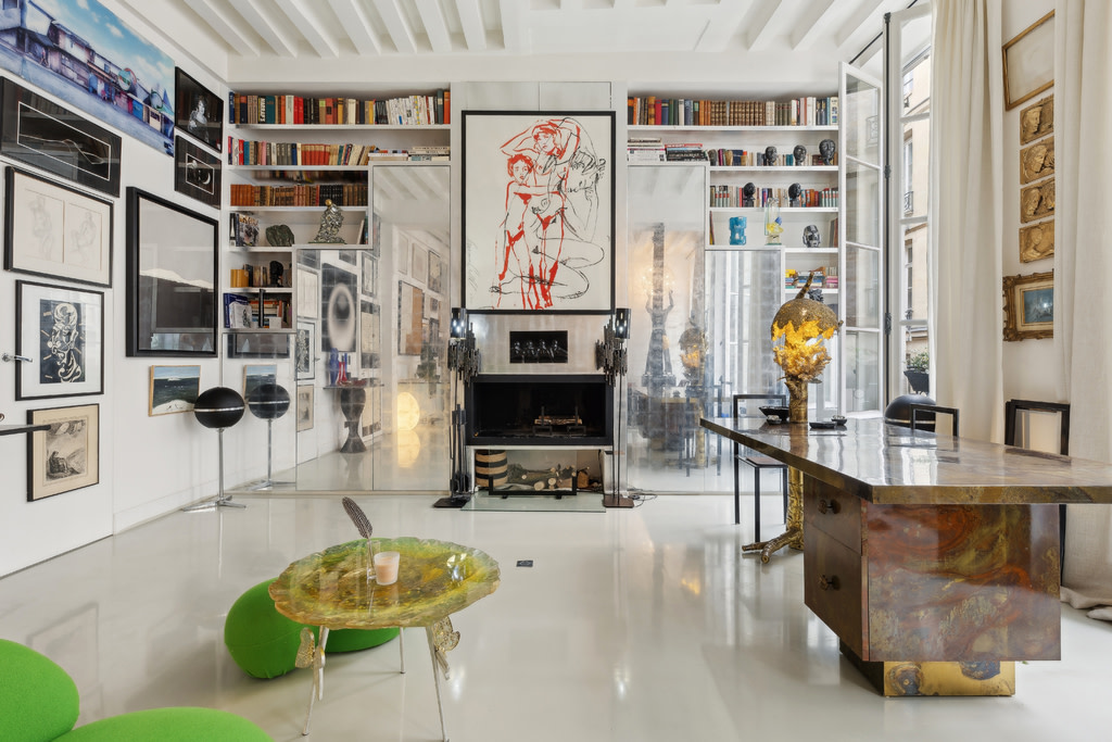 Parisian living room with book cases and modern decor.