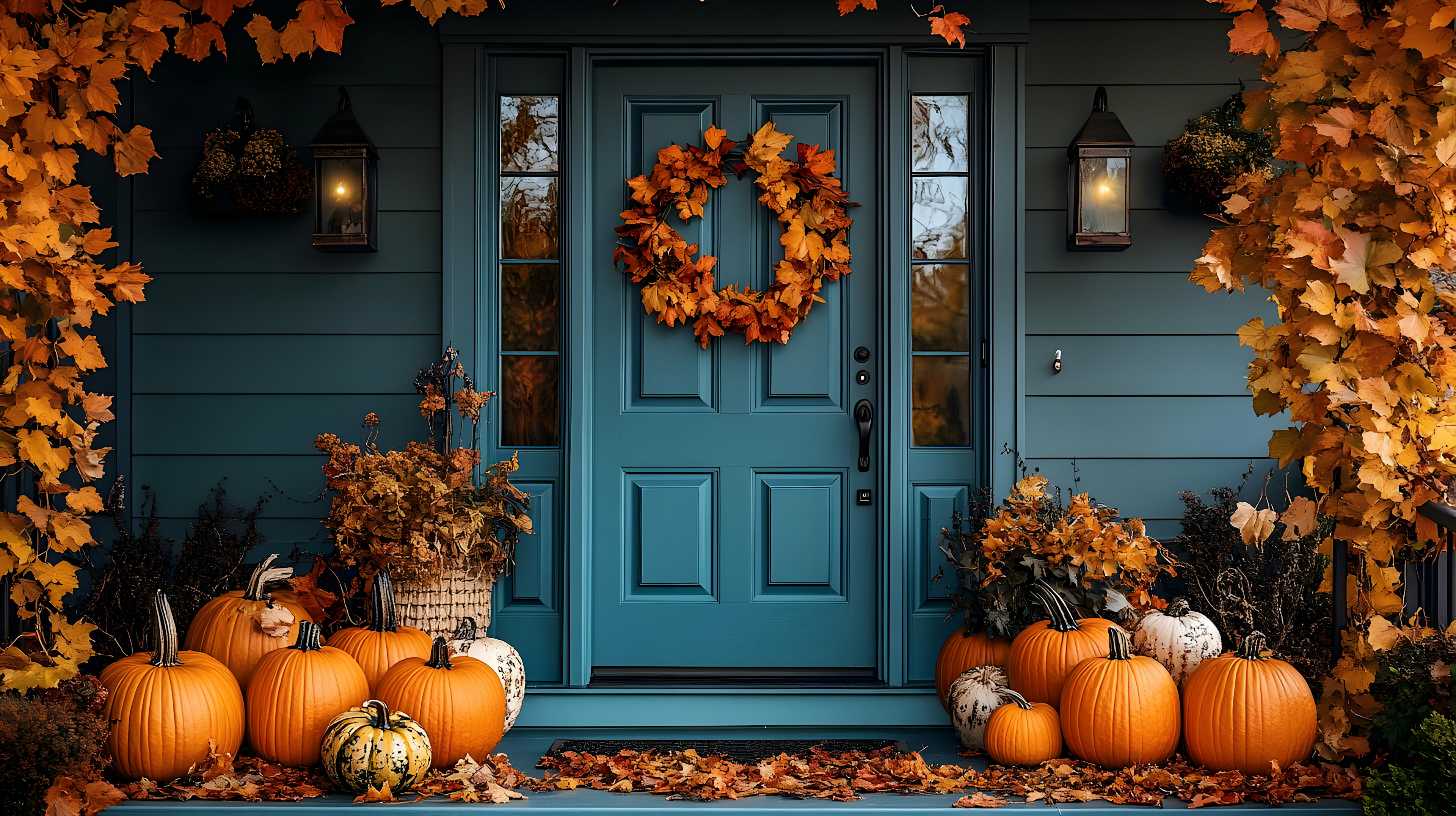 Fall wreath on teal door and porch with pumpkins. 