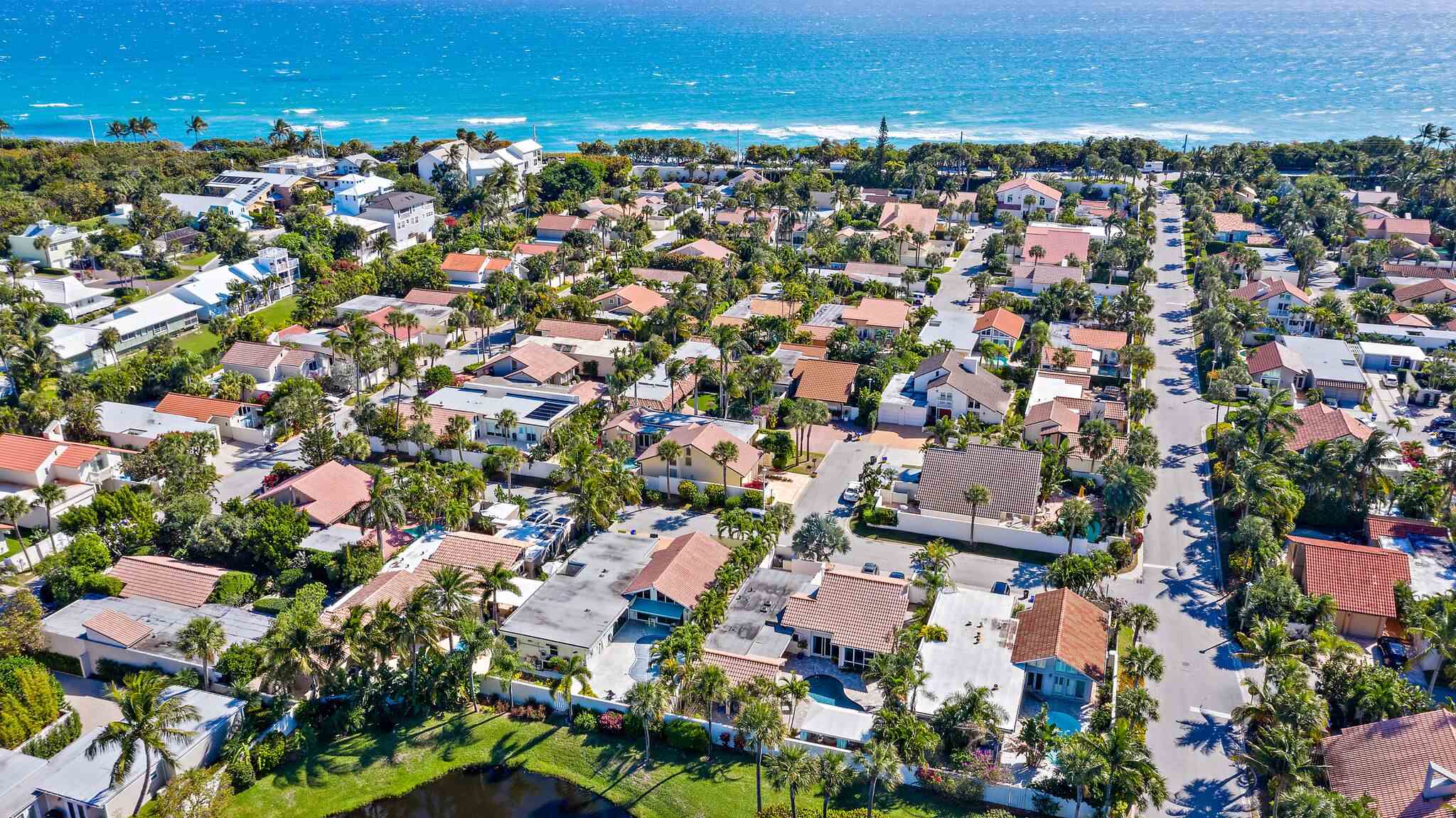 Photo of the overhead view of houses, streets, and palm trees in Oceanside with the ocean in the background