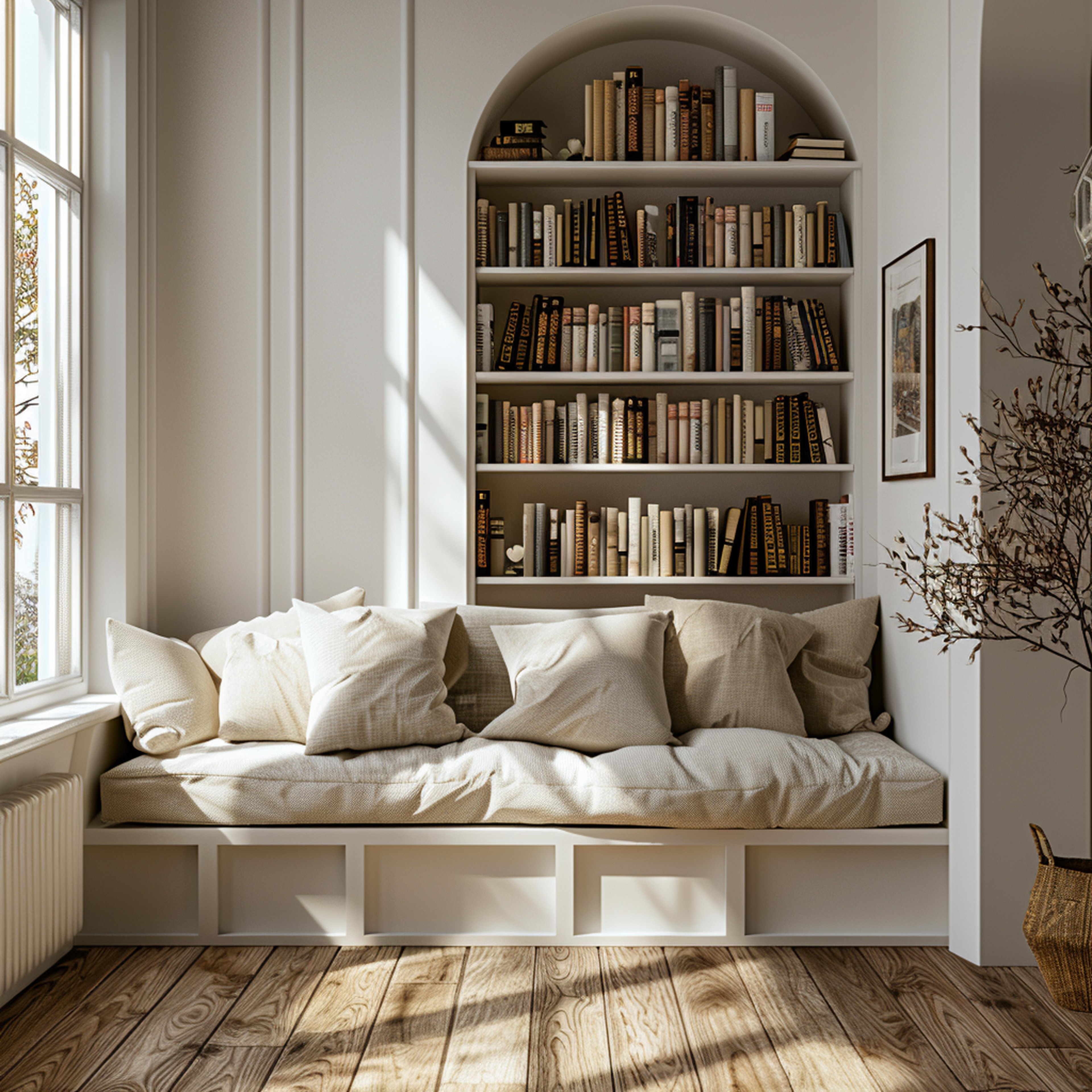 Cozy reading nook with books and white couch.